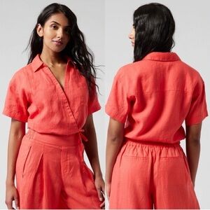 Athleta Playa Tie Wrap Top 100% Linen Shortsleeve‎ in Coral Passionfruit Size M